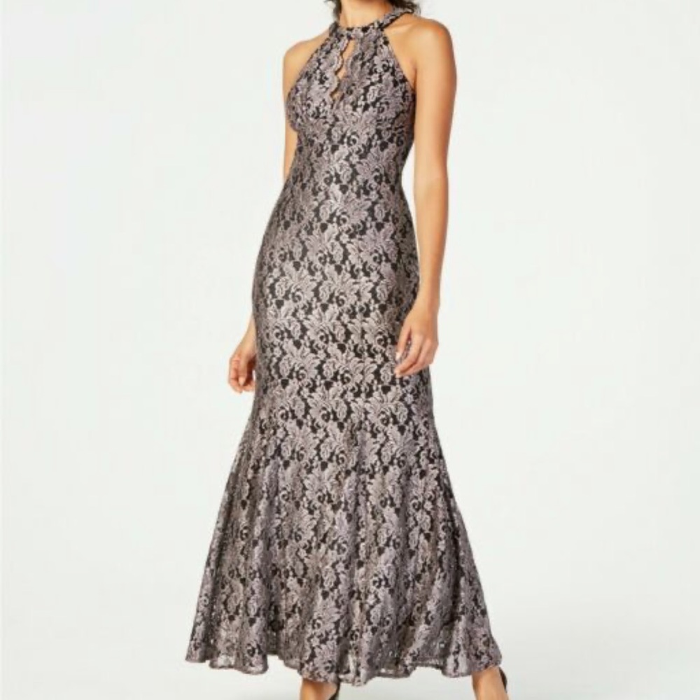Black and Silver Lace Halter Dress